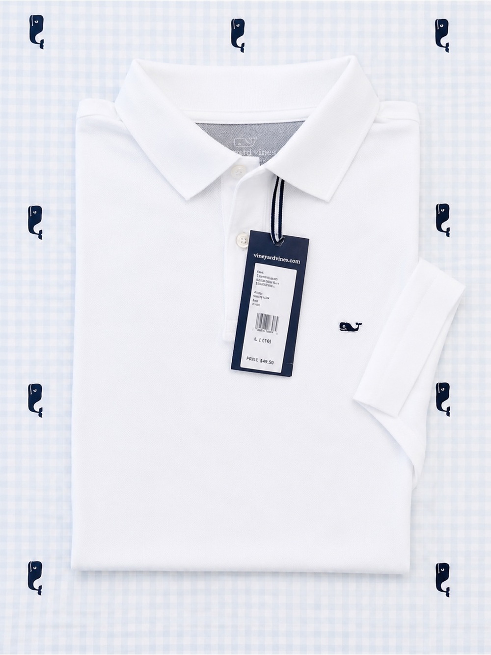 Vineyard Vines White Polo with Navy Whale Embroidery